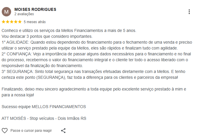 Avaliação de Moises Rodrigues no Google Meu Negócio